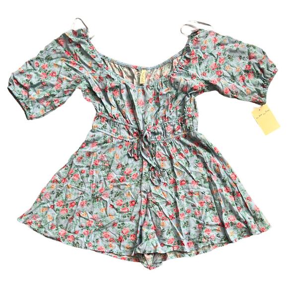 Bepop Sky/Pink Floral Elbow Sleeve Romper, M - Picture 3 of 7